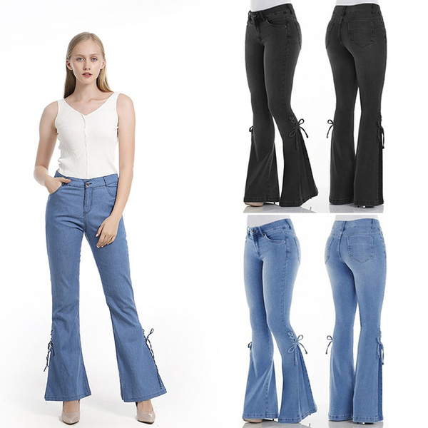 Vintage Low Waist Elastic Flare Jeans Women Retro Style Bell Bottom Skinny Jeans  Female Wide Leg Denim Pants
