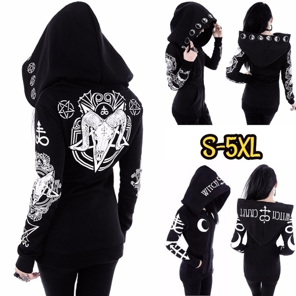 Women Fashion Black Gothic Hoodie Punk Style Hooded Coat Cool