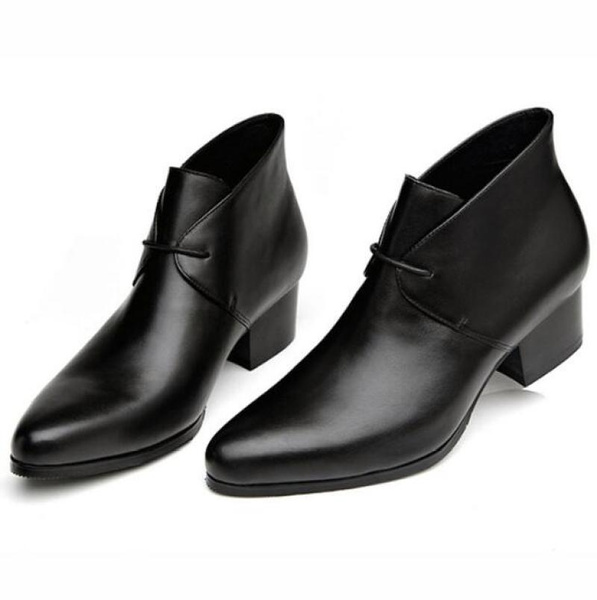 Botas masculinas de couro de salto alto calçados masculinos cabeleireiro  couro Botas pontiagudas inglesas Botas curtas inverno tendência juvenil |  Wish