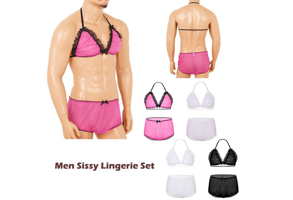 Men's Chiffon Lace Frilly Panties Underwear Bra Top Sissy Lingerie