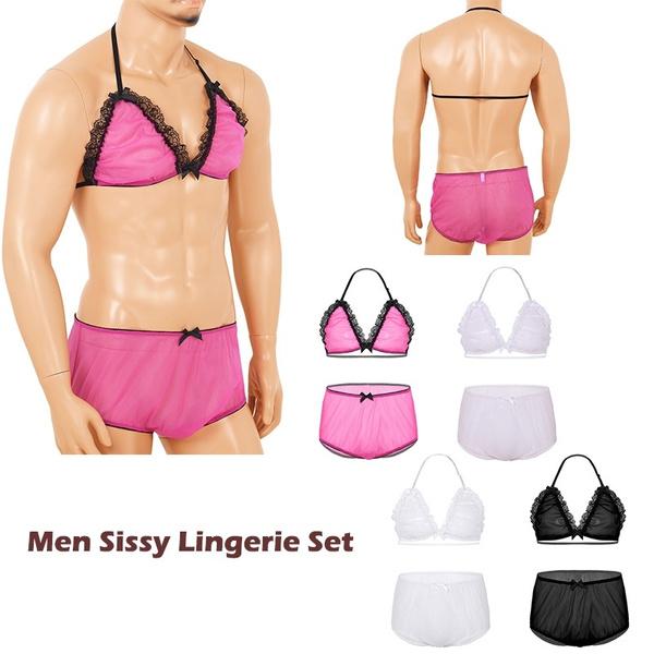 Men's Chiffon Lace Frilly Panties Underwear Bra Top Sissy Lingerie Sets  Nightwear