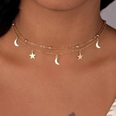 1Pcs Simple Gold Plated Double Layer Moon Star Pendants Necklace Bead Clavicle Chain Women Jewelry 