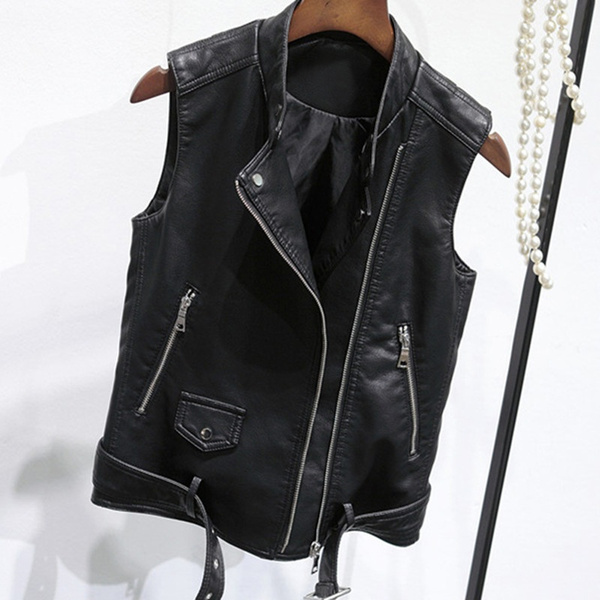 Lady Faux Leather Black Waistcoat Gilet Biker Sleeveless Jacket Retro Top Punk