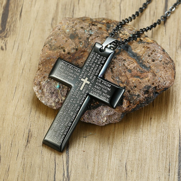 Stainless Steel Gold Black Cross Pendant Necklace for Men Lords Prayer Necklaces Heavy Rolo Chain 24 inch 