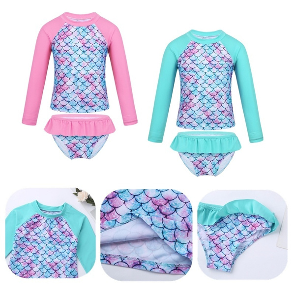 YOOJIA Kids Girls 2PCS Tankini Long Sleeves Mermaid Rashguard Swimsuit Swimwear Bathing Suit 