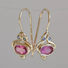 Unique Gold Color Blue Sapphire Oval Pink Tourmaline Gemstone Dangle Hook Earrings Women Jewelry Gifts