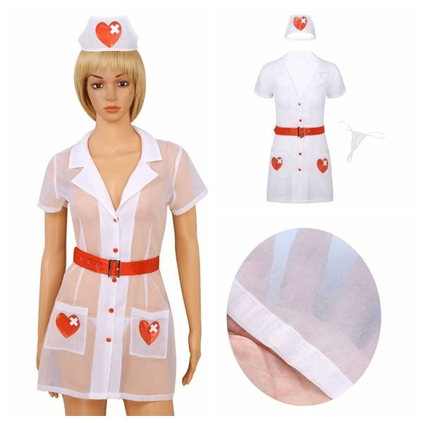 4pcs Naughty Nurse Cosplay Costume Outfit Sheer Dress With Headband