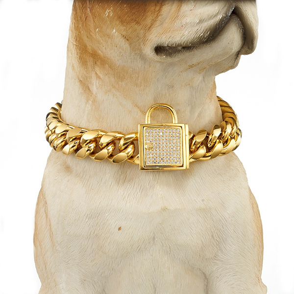 Gold Chain Dog Collar Luxury Cuban Link Necklace with Rhinestone Stainless  Steel