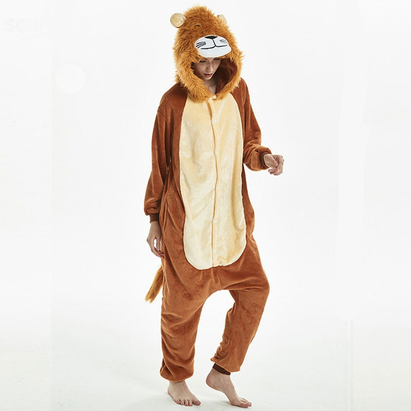 Kigurumi Long Sleeve Hooded Lion Onesie Men Women Flannel Warm Homewear Onsie Cute Animal Homewear Onesies For Adults sleepwear