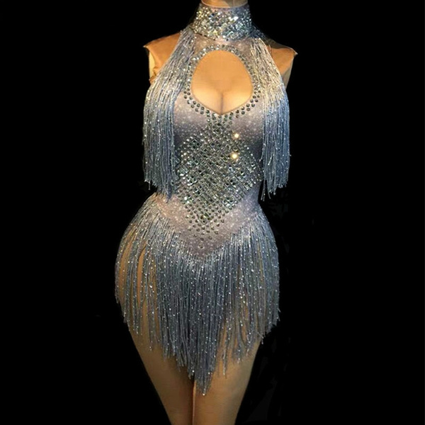 4 Colors Sleeveless Sparkly Rhinestones Bodysuit Silver Gold Glass Stones Tassels Jumpsuit ...