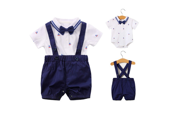 Newborn Baby Boys Gentleman Outfits Suits Infant Short Sleeve Shirt+Bib Pants+Bow Tie Overalls Clothes Set