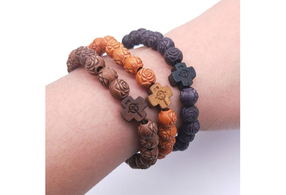 BUY ONE GET ONE FREE 8mm Rosary Wooden Rose Beads Catholic Bracelet for  Women Stretch Bracelets Rose & Cross Charms