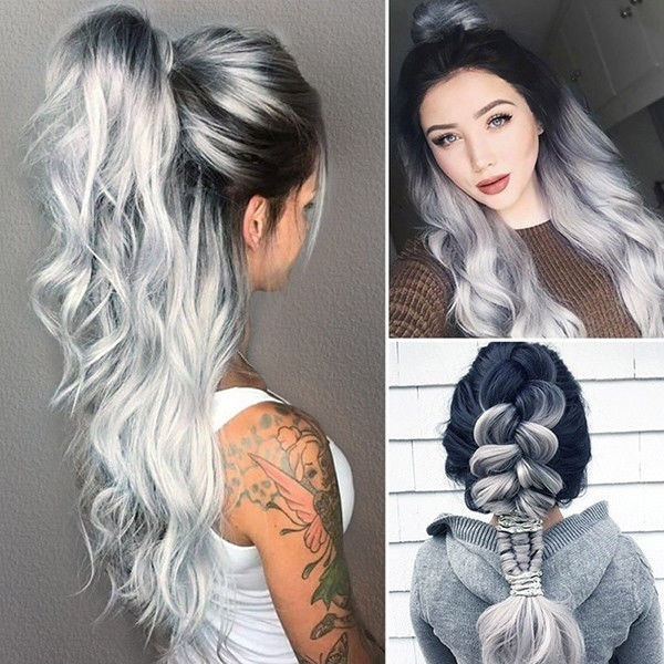 70cm White Grey Gradient Silver Wig Heat Resistant Synthetic Hair Long ...