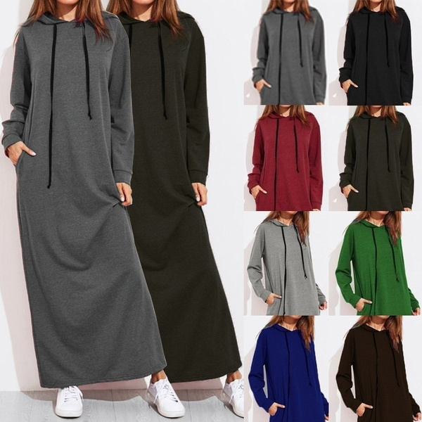 Womens Long Sleeve Hoodie Dress Maxi Pocket Casual Loose Pullover  Sweatshirt Dress Long Vestidos Plus Size