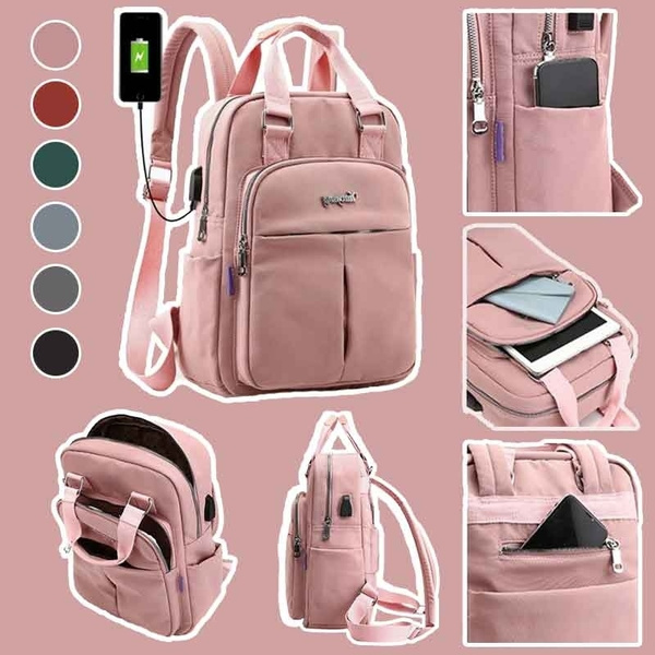 Women Canvas Backpack Travel Laptop USB Charging Shoulder School Handbag Satchel