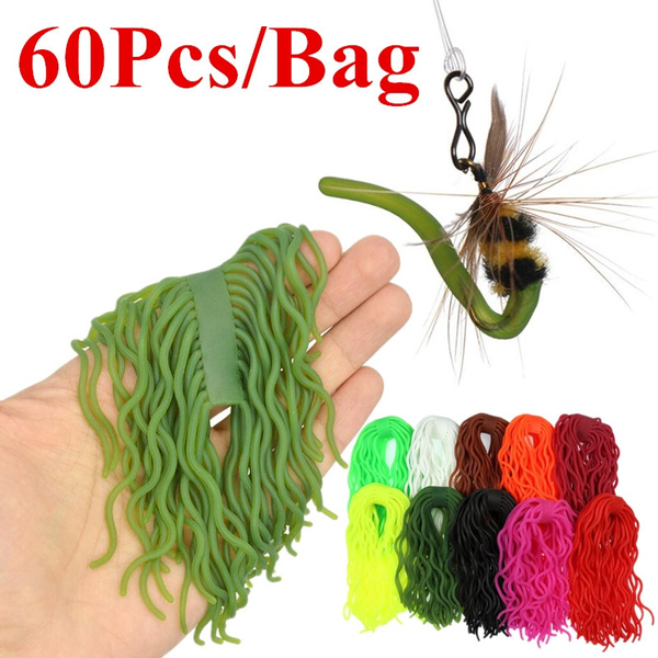 60Pcs Fishing Lure Soft Squirmy Wormy Fly Tying Material Wiggly Trout Flies  Artificial Maggot Grub Baits