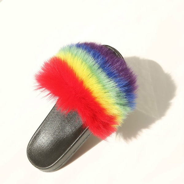 fluffy rainbow slippers