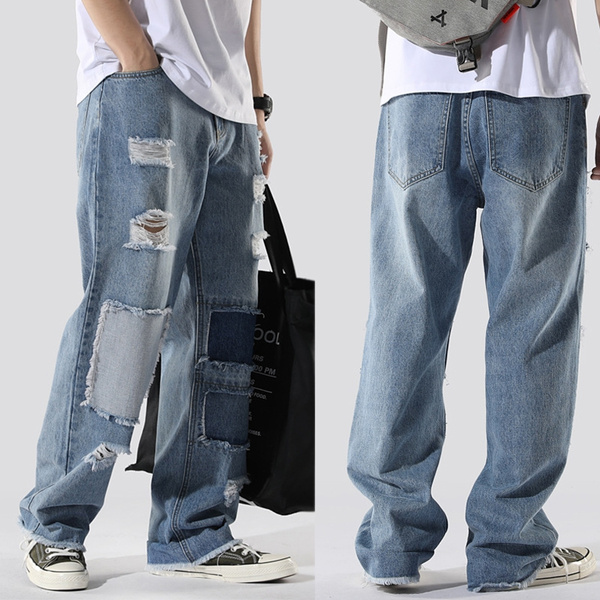 Fashion Men Baggy Jeans Casual Loose Denim Pants Ripped Hole Jeans Wide ...