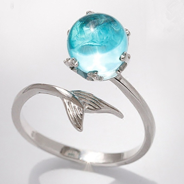 Wansan Open Ring Blue Crystal Mermaid Rings for Anniversary Valentines Day Birthday Gift Women Girls