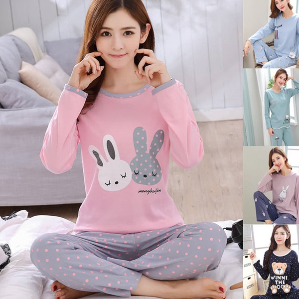 Women Cute Print Pajamas Femme Long Sleeve Pyjamas Ladies Cartoon Sleepwear  Tops Pants 2PCS/Set