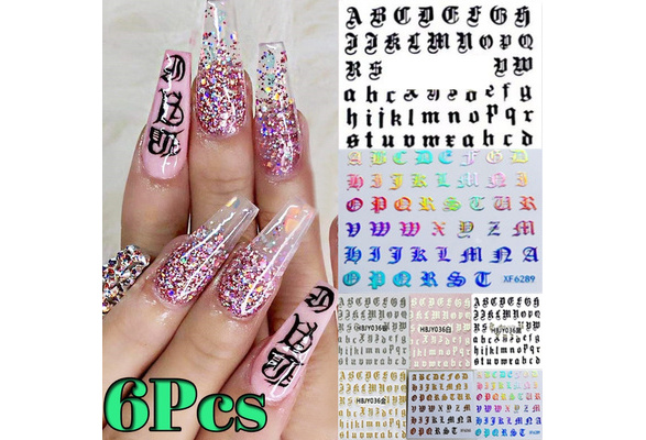 7pcs Gothic Nail Stickers Decals, Mixed Color White Black Silver Alphabet  Old English Character Nail Sliders DIY Art Manicure Decoration Set