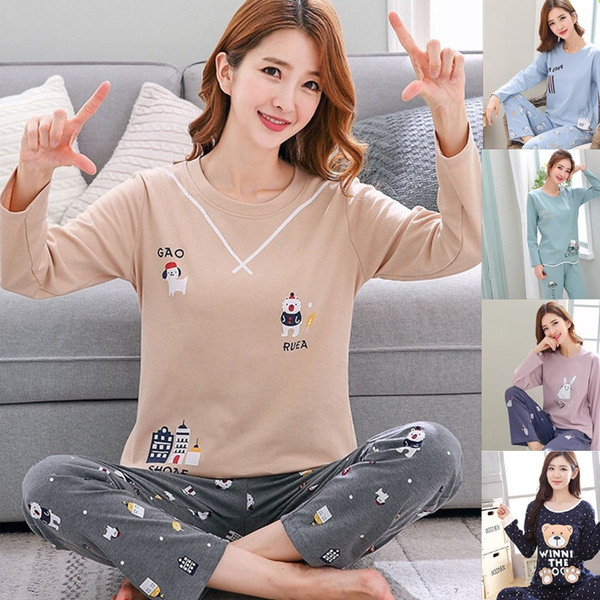 Women Cute Print Pajamas Long Sleeve Femme Pyjamas Ladies Cartoon Sleepwear 2PCS Set Tops Pants