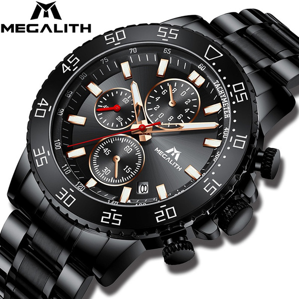 MEGALITH Watches Men Top Brand Luxury Stainless Steel Business Wrist Watch Luminous Date Calendar Quartz Multifunction Waterproof Chronograph Watch