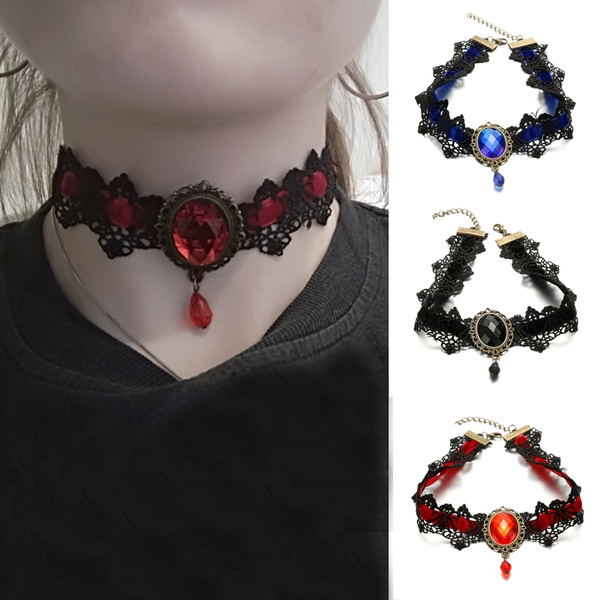 Bohemia Lace Gothic Tattoo Choker Necklace Women Vintage Black Red Blue  Crystal Necklaces Gothic Punk Collar Choker Jewelry