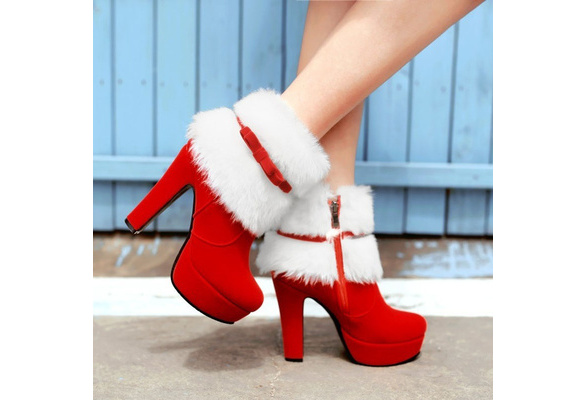 Women Red Christmas Boots Black 