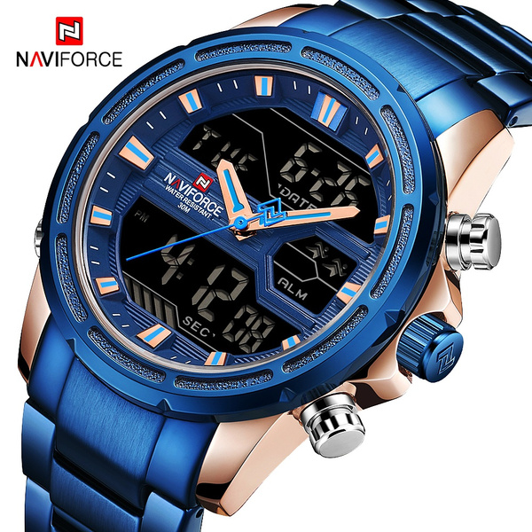 NAVIFORCE Men Quartz LED Digital Clock Male Blue Full Steel