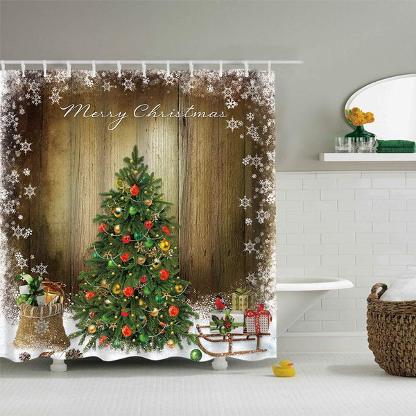 Christmas Theme Shower Curtain Bathroom Decor Bath Waterproof Fabric & 12 Hooks 