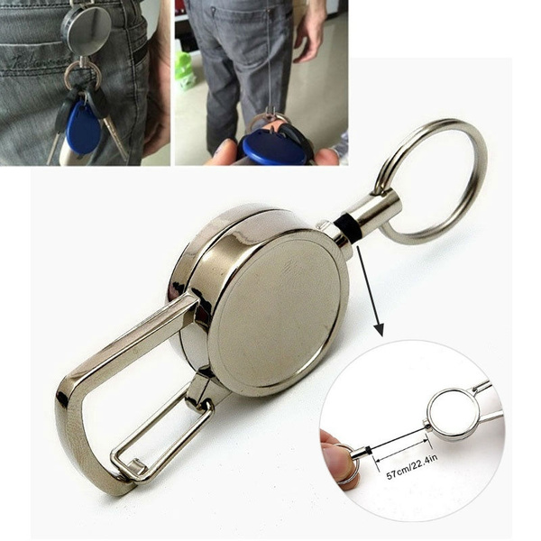 2X Stainless Pull Ring Retractable Key Chain Recoil Keyring Heavy Duty Steel UK 