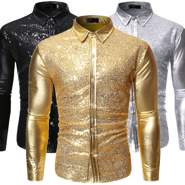Mens Gold Sequins 70s Disco Party Shirt 