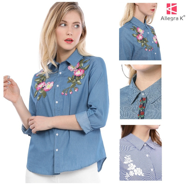 Women Denim Striped Shirt Long Sleeve Autumn Jeans Blouse Embroidery Denim  Tops Floral Casual Denim Shirts | Wish