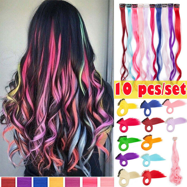 Clip In14 Colors Hair Extensions 22'' Colorful Straight/Curly Hair  Extensions Clip In for Women and Kids Multi-Colors Party Highlights Streak  Synthetic Hairpieces | Wish