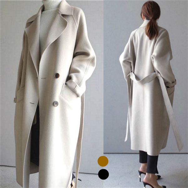 Parka Coat Lapel Cashmere Jacket Oversize Outwear Belt Trench Womens Wool Blend
