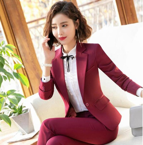 Womens Blazer Pant Suit Elegant Slim Business Office Ladies Set with Trouser