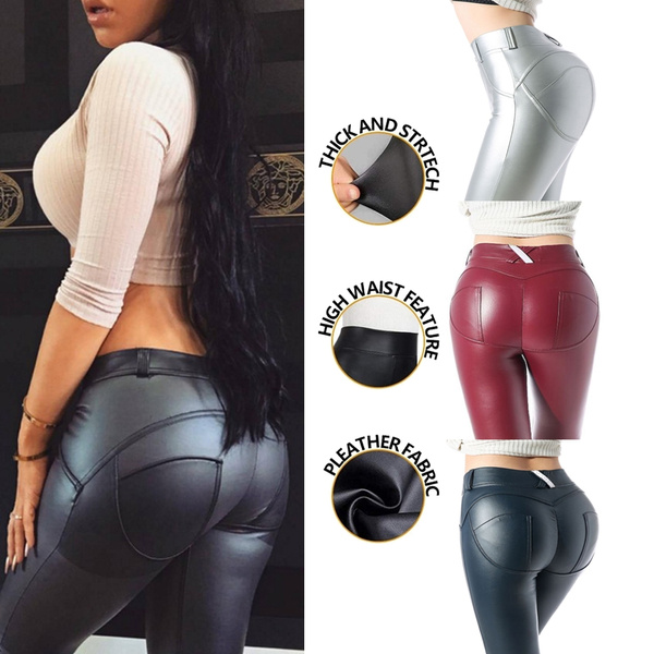 Women's Stretchy Faux Leather Leggings Pants Sexy Red High Waisted