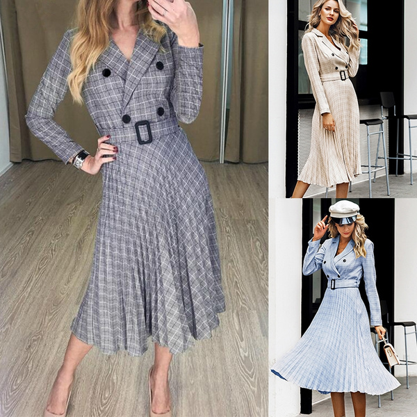 Double Breasted Plaid Dress Elegant 