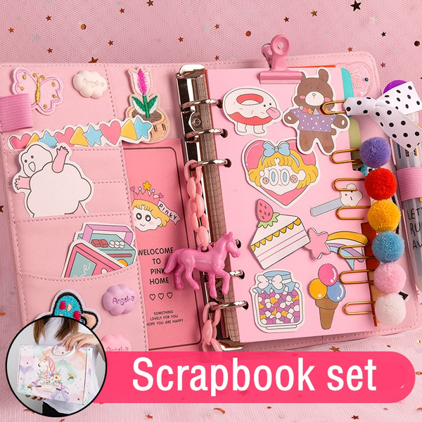 Girl's Scrapbooking Square Paper Notebook Binder Journal Cute Pink Notebook  Set