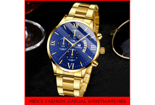 SHAARMS Men Date Calendar Quartz Gold Blue Wrist Watches Stainless