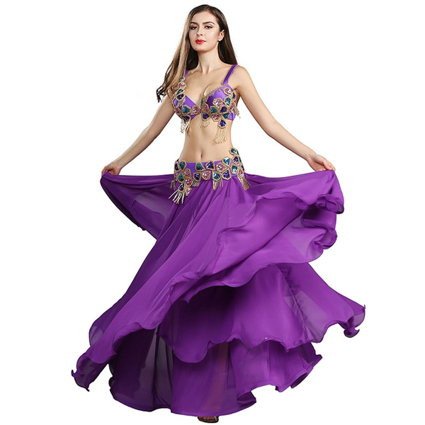 DFZPW Bellydance Costume for Women Silk Satin Bra+Long Skirt Belly