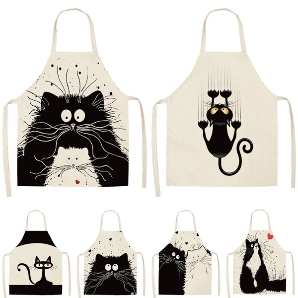 1Pcs Kitchen Apron Cartoon Cat Printed Sleeveless Cotton Linen Aprons ...