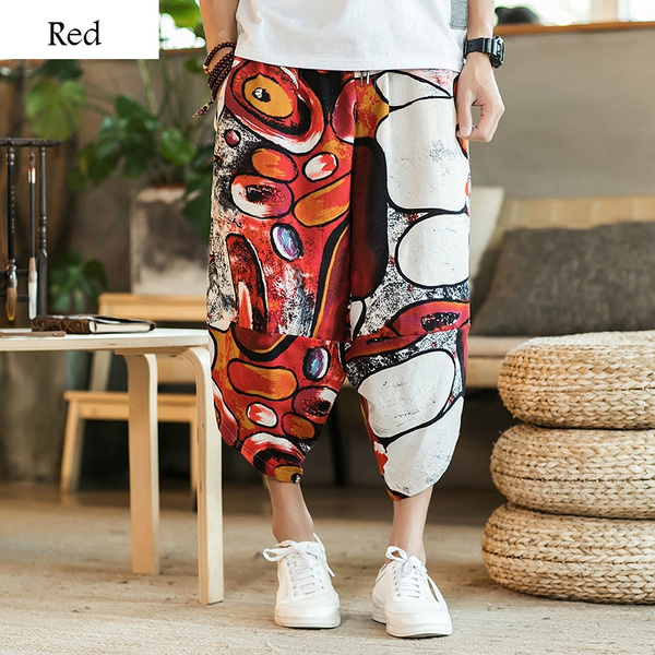 Male Spring Summer Floral Cotton Linen Trousers Loose Printed Full Print  Trousers Pleated Mens Pants (Green, M) at Amazon Men's Clothing store
