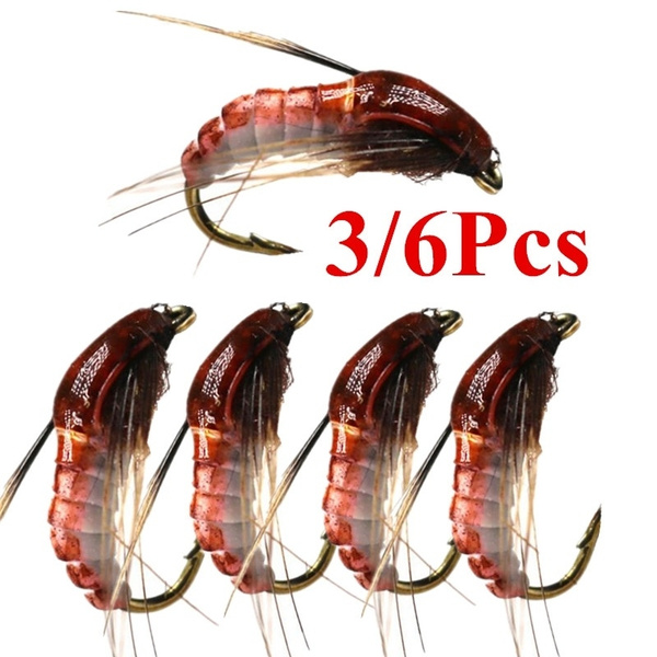 6Pcs #12 Realistic Nymph Scud Fly for Trout Fishing Artificial Insect Bait Lure