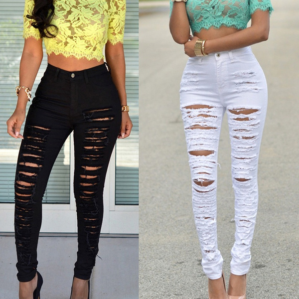 Women High Waist Destroyed Stretch Jeans Trousers Ripped Denim Skinny Pants