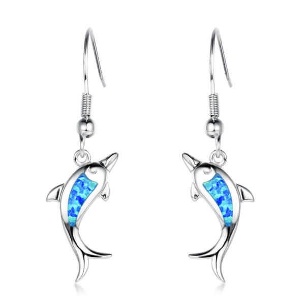 Luxury Female Dolphin Drop Earrings Boho Blue Fire Opal Earrings for ...