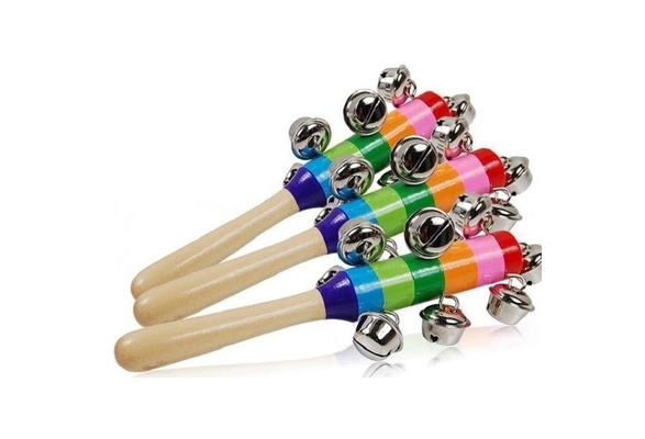 10 Bells Baby Kids Jingle Rainbow Shaker Stick Wood Musical Instrument Toys Gift 