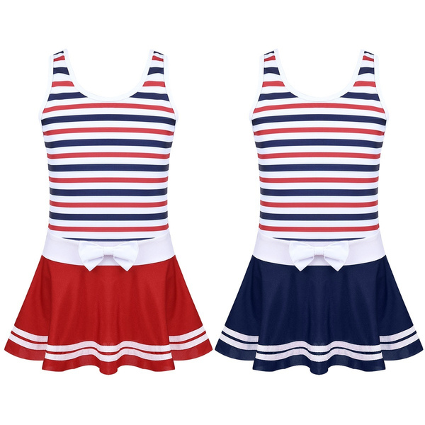 Teen Kids Girls One-Piece Striped Bow Splice Dress Swimming Costume ...