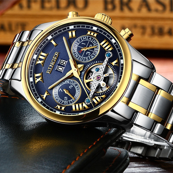 BINGER Swiss Men S Skeleton Blue Tourbillon Automatic Mechanical Wrist Watch With Stainless Steel Band Montre M Canique